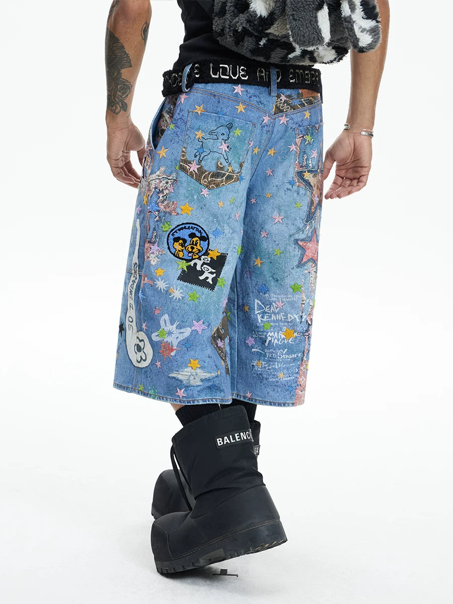 American Street Cartoon Printed Denim Shorts