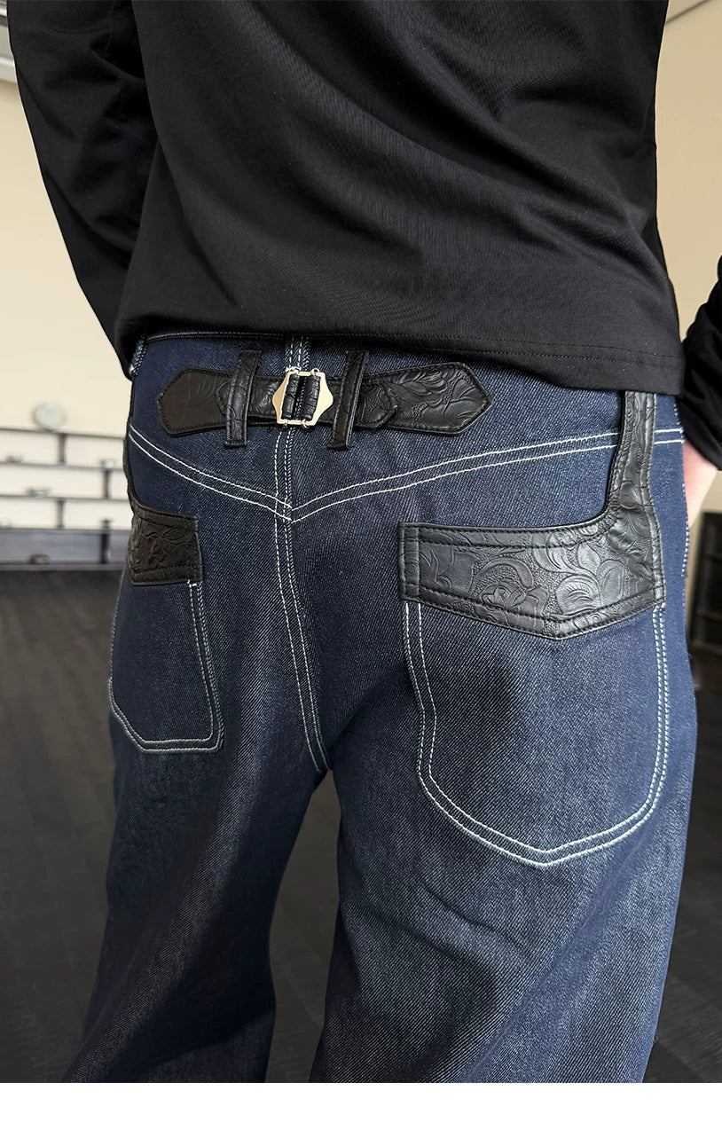 Navy Embossed PU Patchwork Flared Jeans