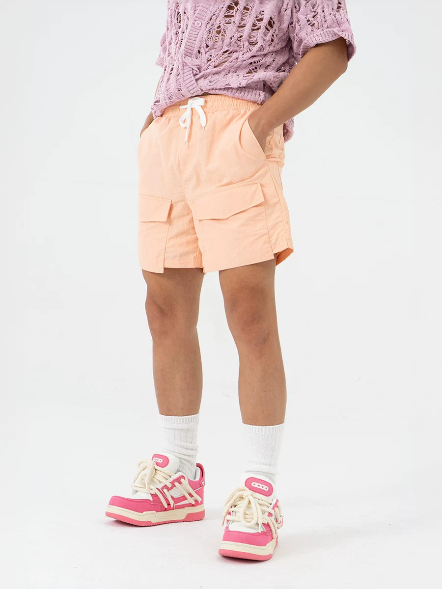 Peach Pink Multi-pocket Drawstring Beach Shorts
