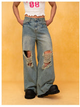 Men's Blue Distressed Wide Leg Jeans
