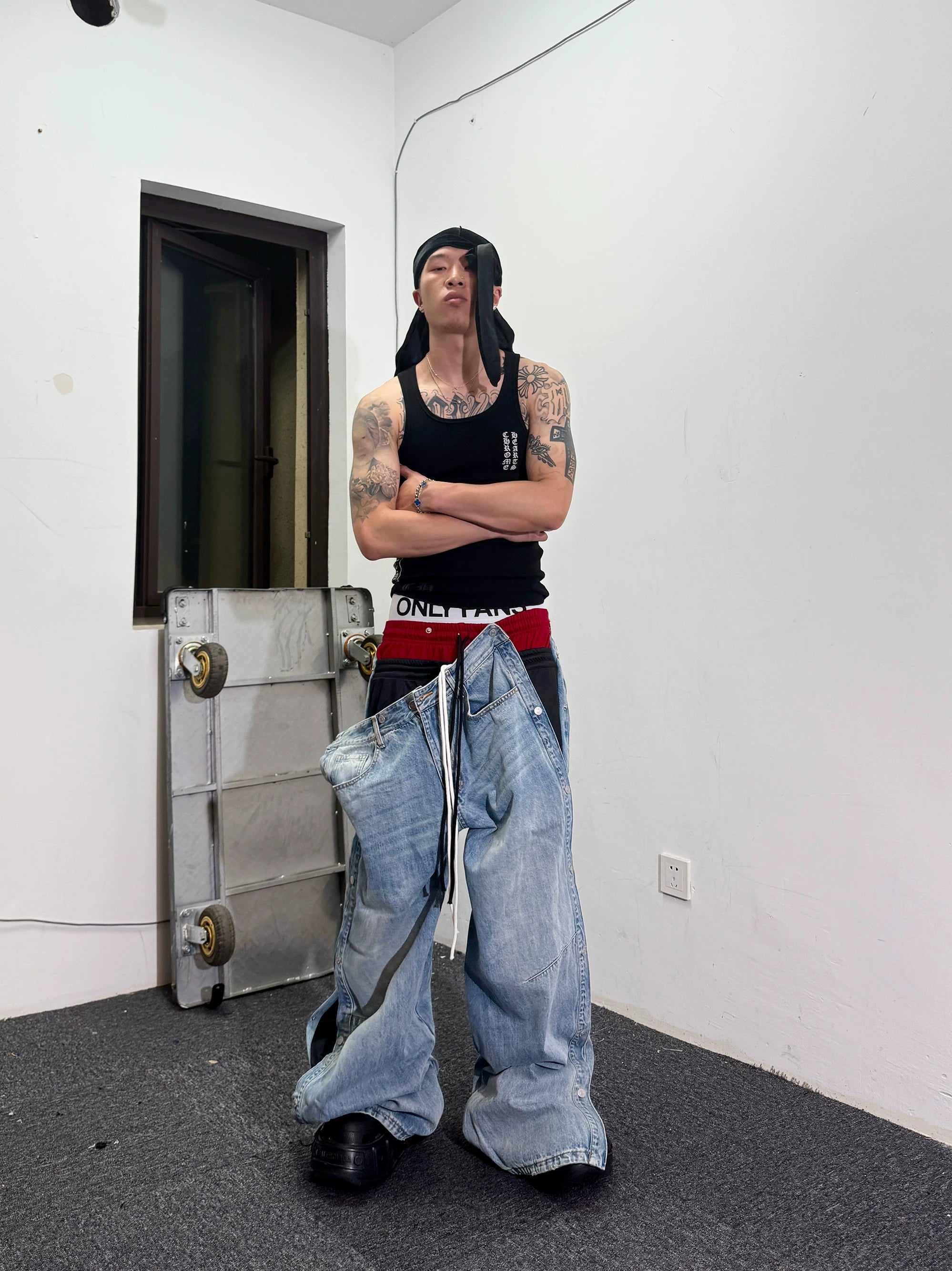 Double Waistband Drawstring Washed Blue Jeans