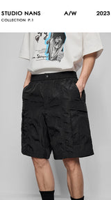 Pleated Metal Nylon Tech Cargo Shorts