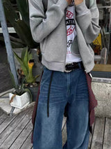 Oversized Washed Striped Removable Flap Jeans