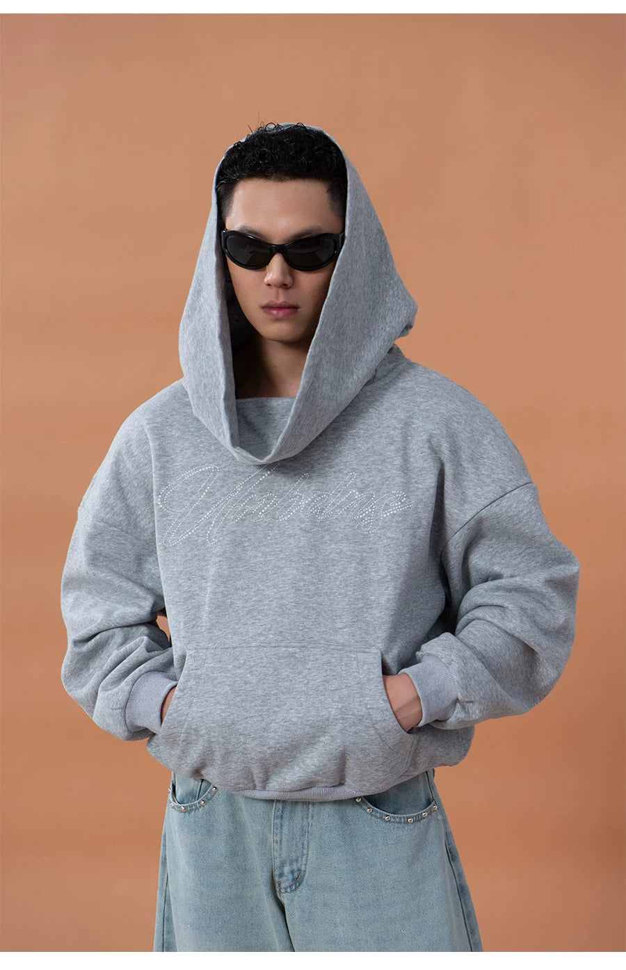 Grey Blue Unisex Letter Print Hoodie