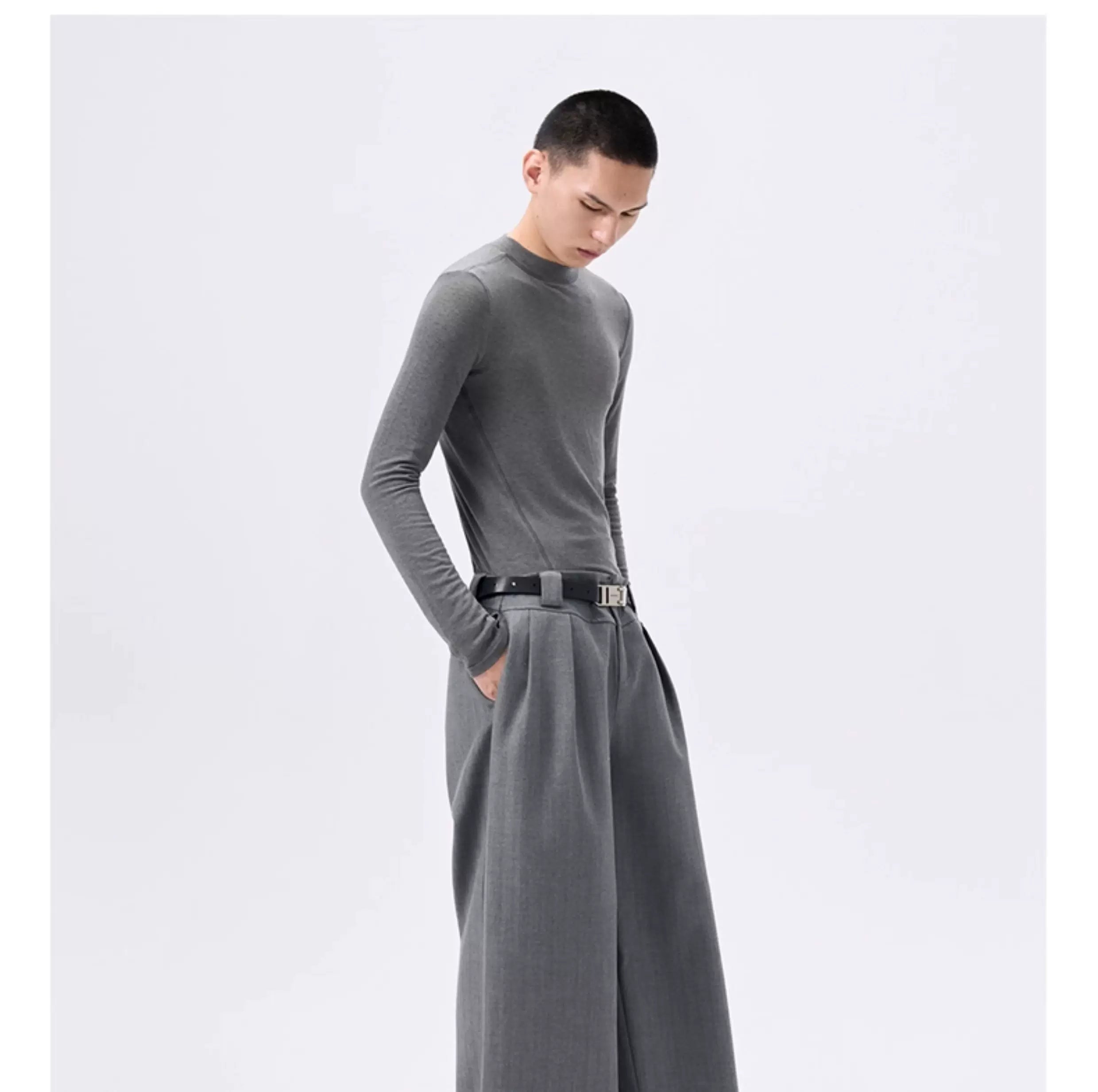 Grey Striped Wide Leg Lyocell Pants