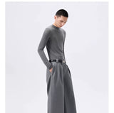 Grey Striped Wide Leg Lyocell Pants