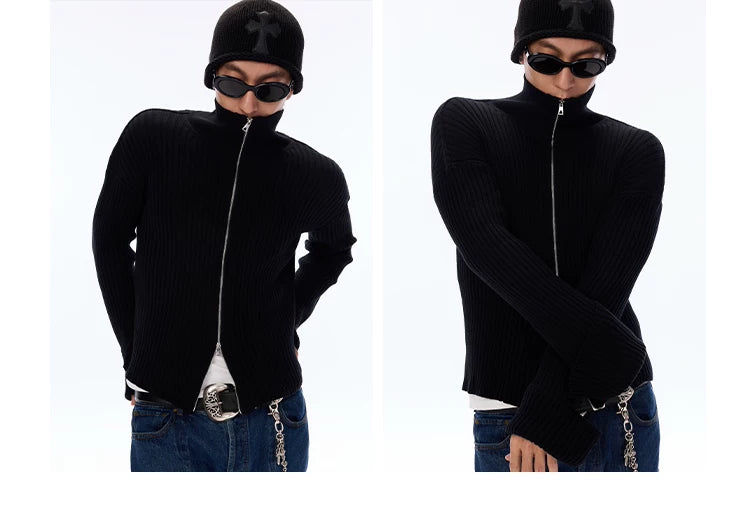 Cotton Ribbed Double Zipper Cardigan