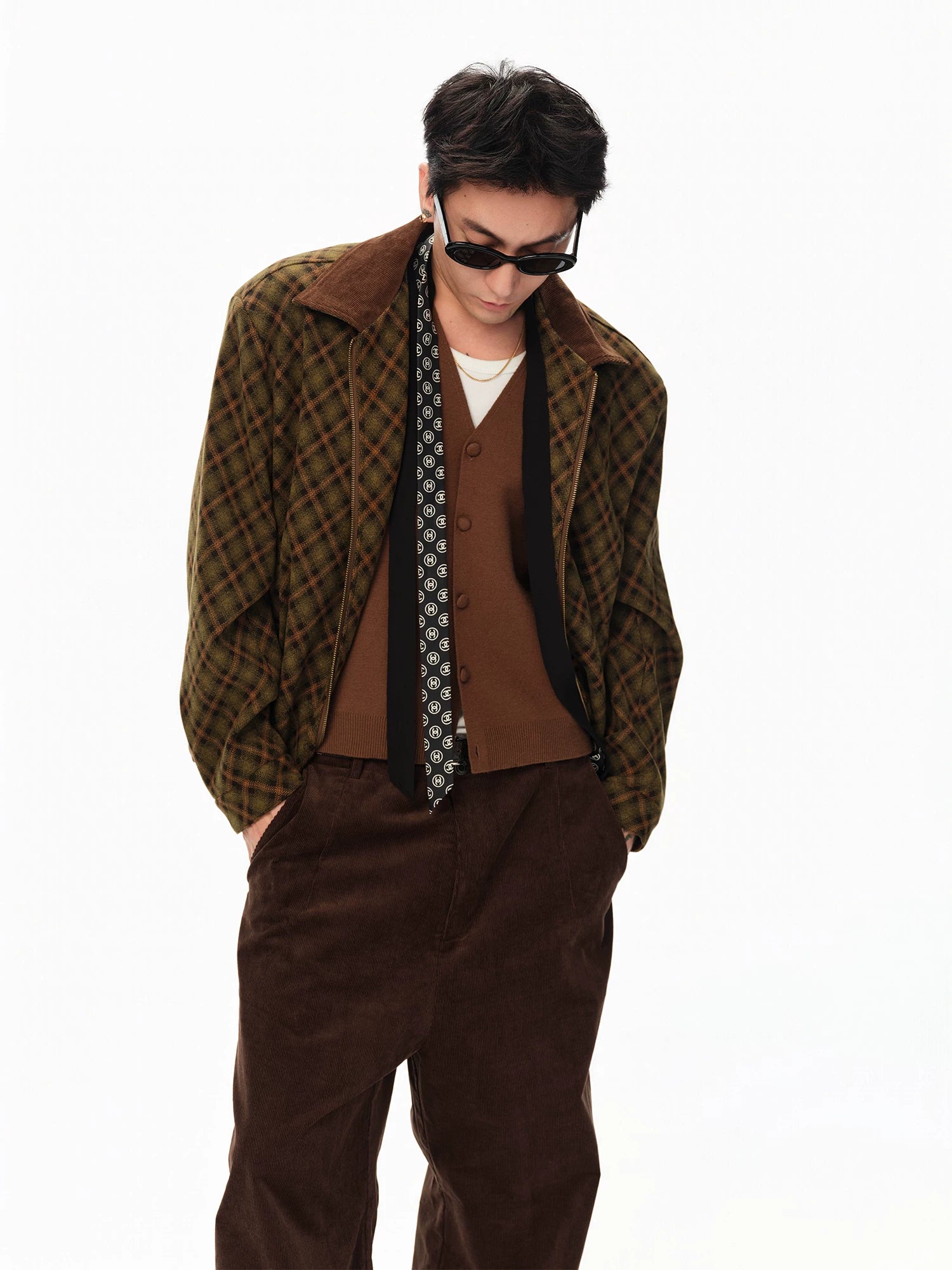 Patchwork Collar Plaid Coat