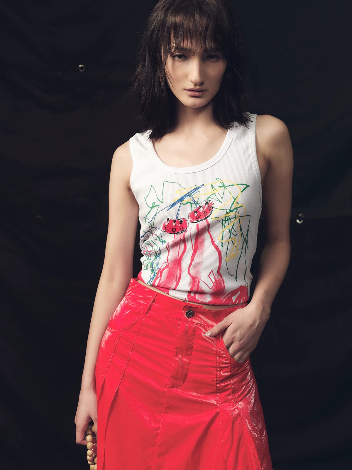 Vintage Ribbed Cherry Boot Print Vest