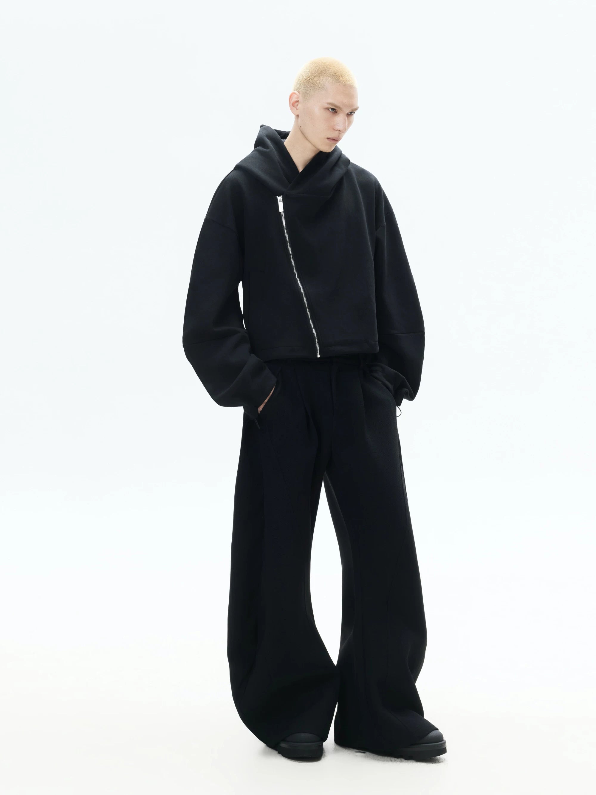 Curved Sleeves Zip Hooded Cardigan