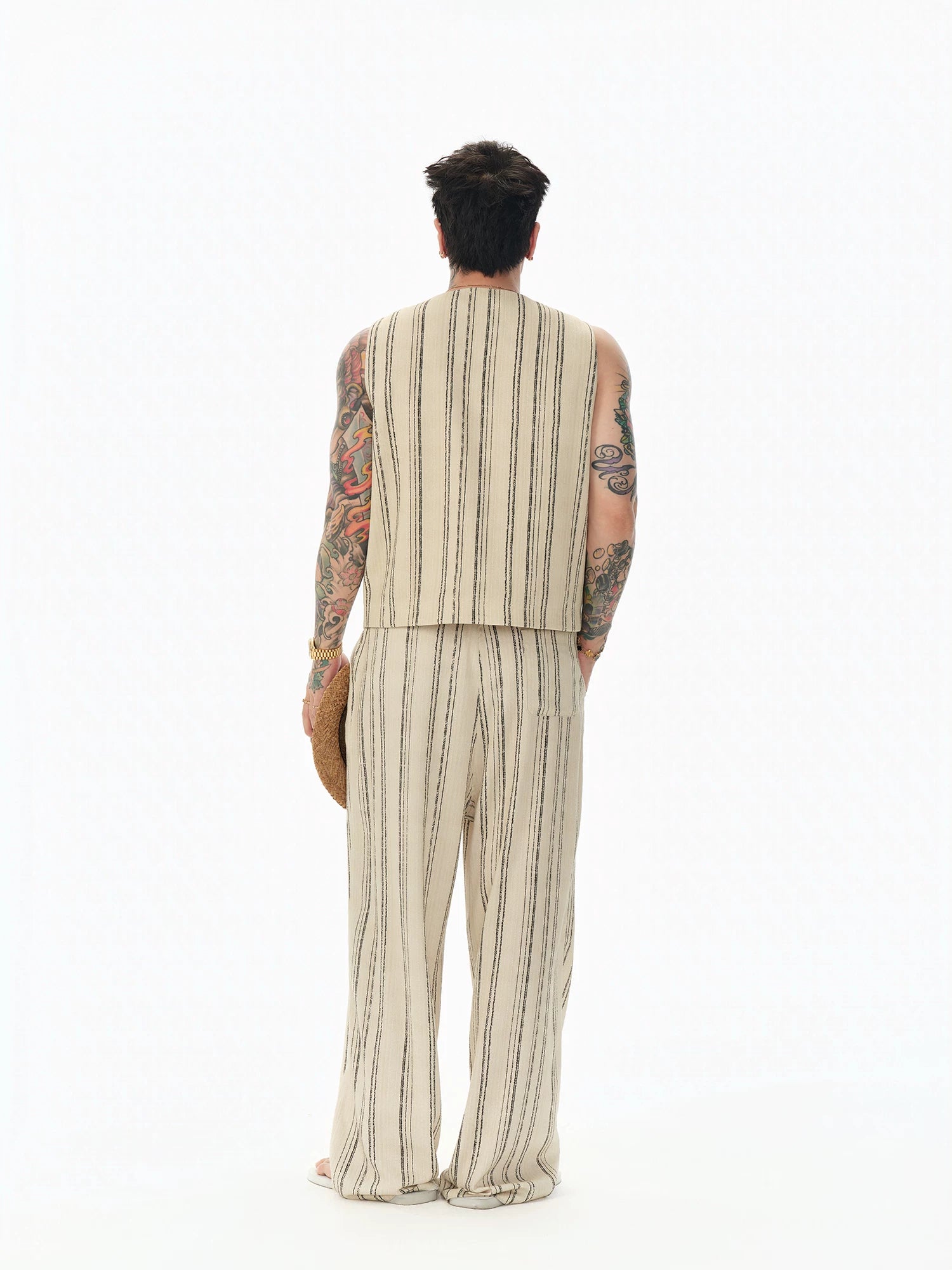 Distressed Vintage Striped Vest Pants Set
