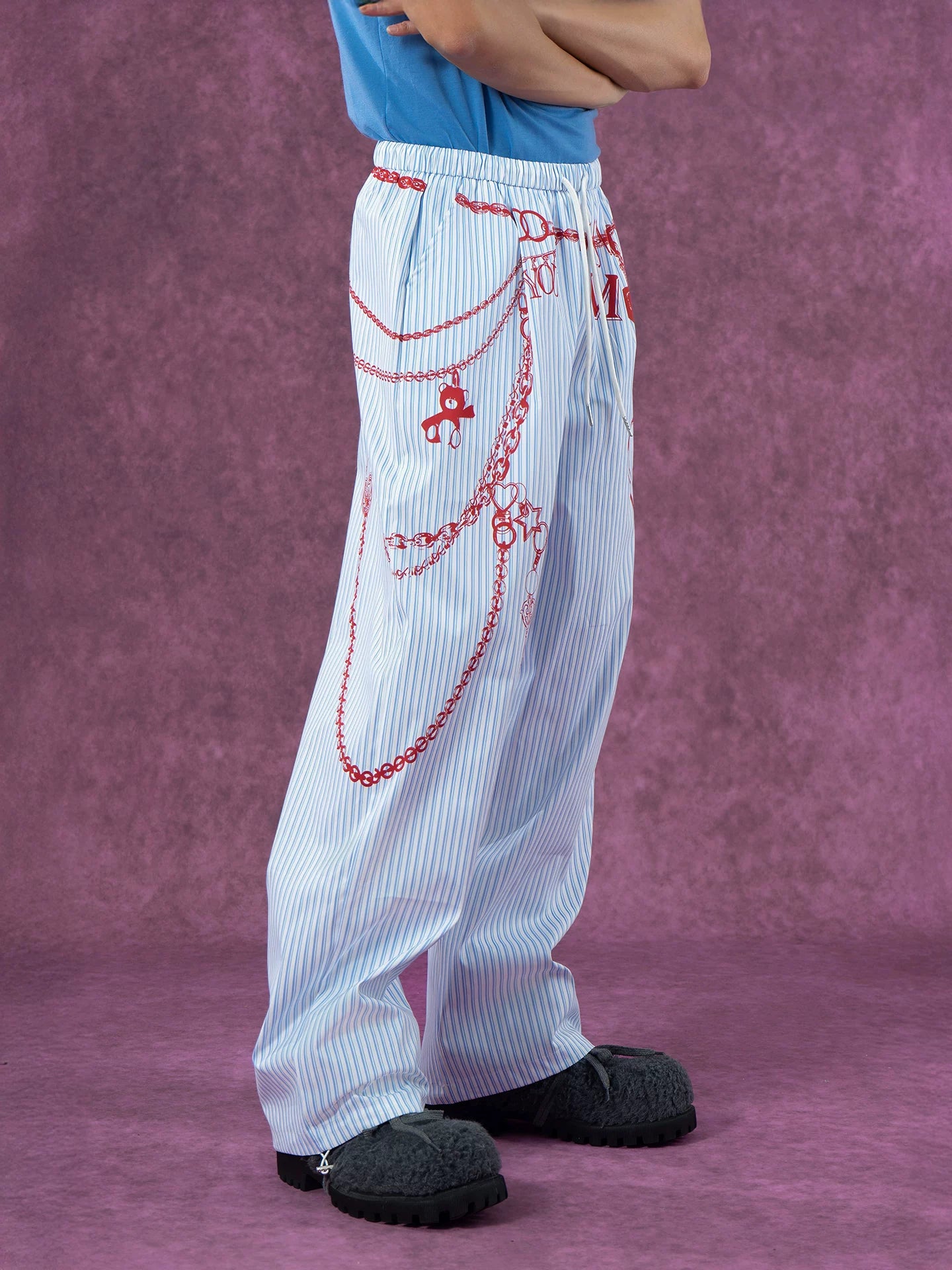 Men's White Striped Chain Print Pants