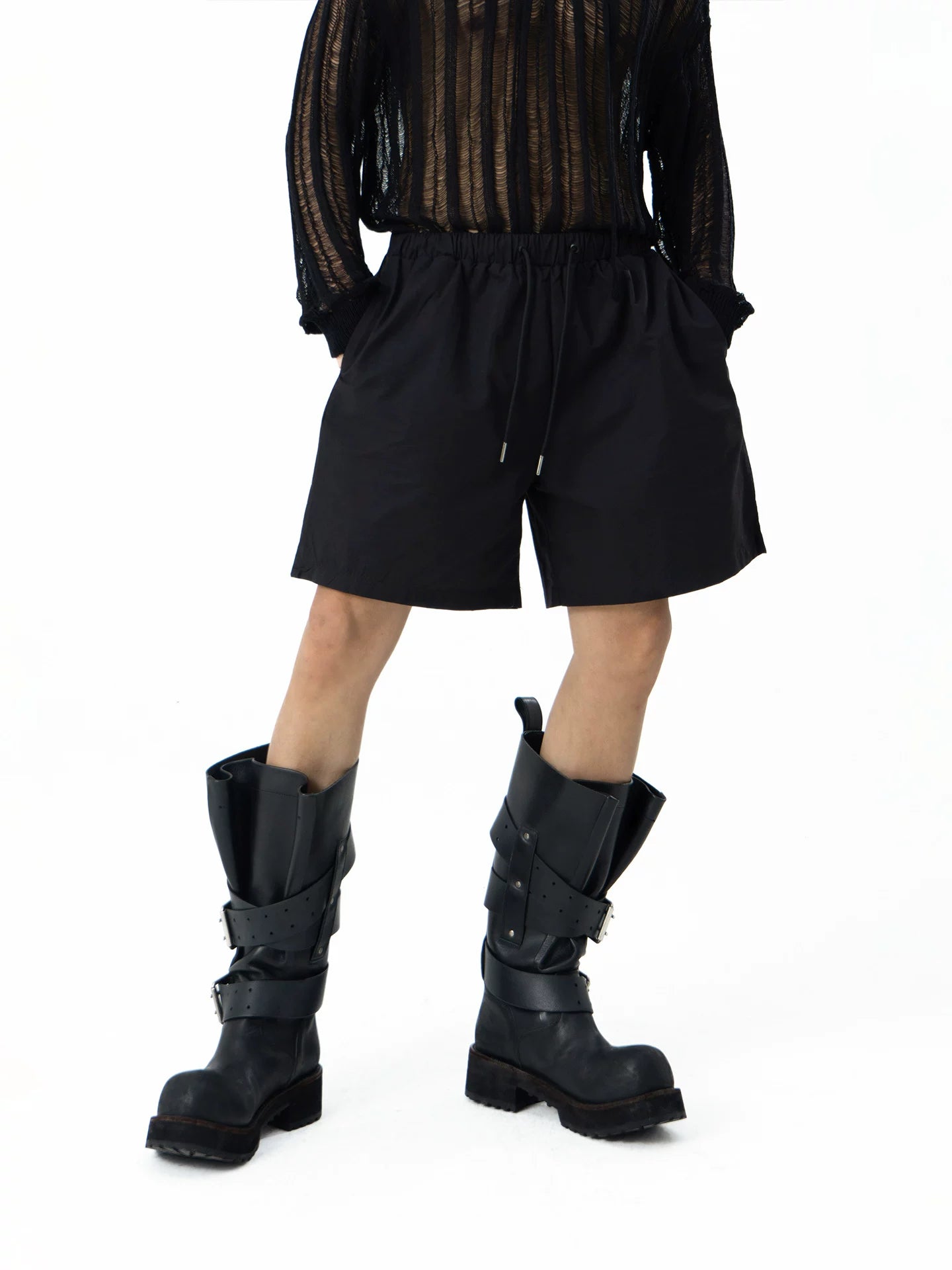 Men's Black Gray Elastic Waist Shorts