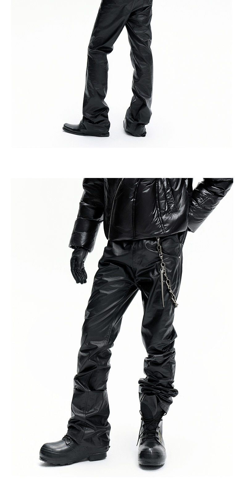 Dark Stacked Waxed Straight Skinny Pants