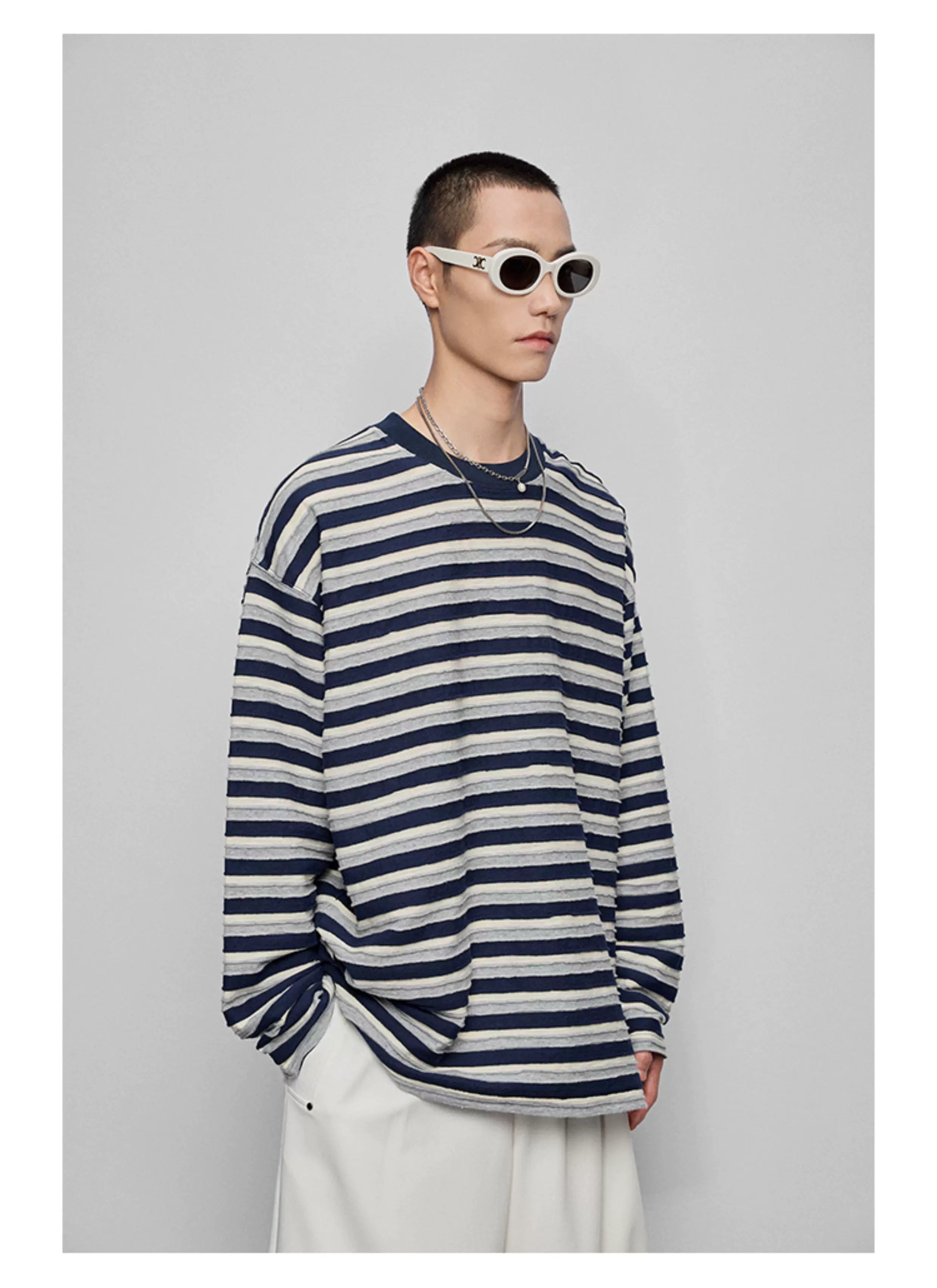 Striped Raw Edge Long Sleeve Tee