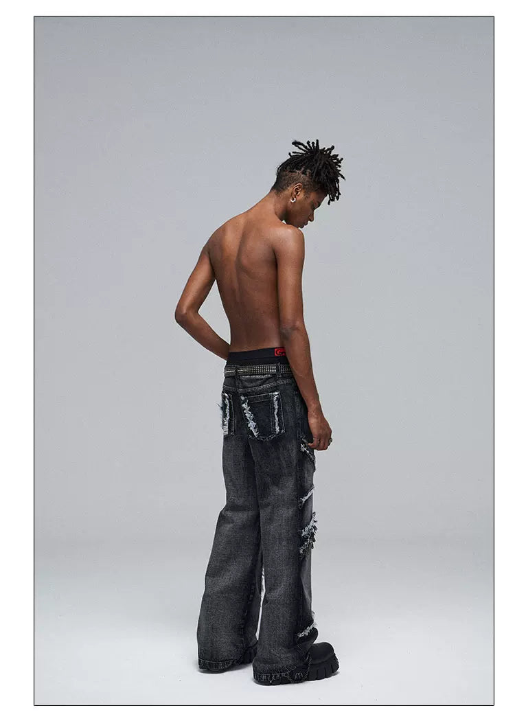 Fringed Ripped Washed Straight Jeans