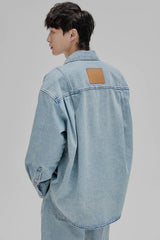 14Oz Washed Denim Asymmetric-Pocket Shirt Jacket