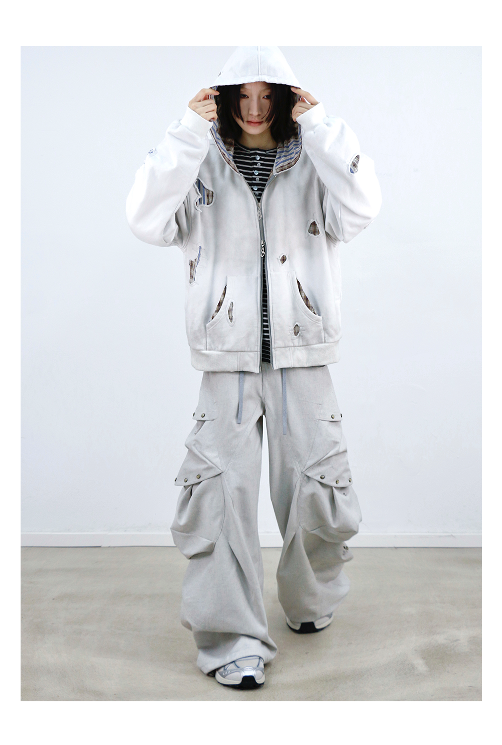 Stripe Patchwork Washed Zip Hoodie