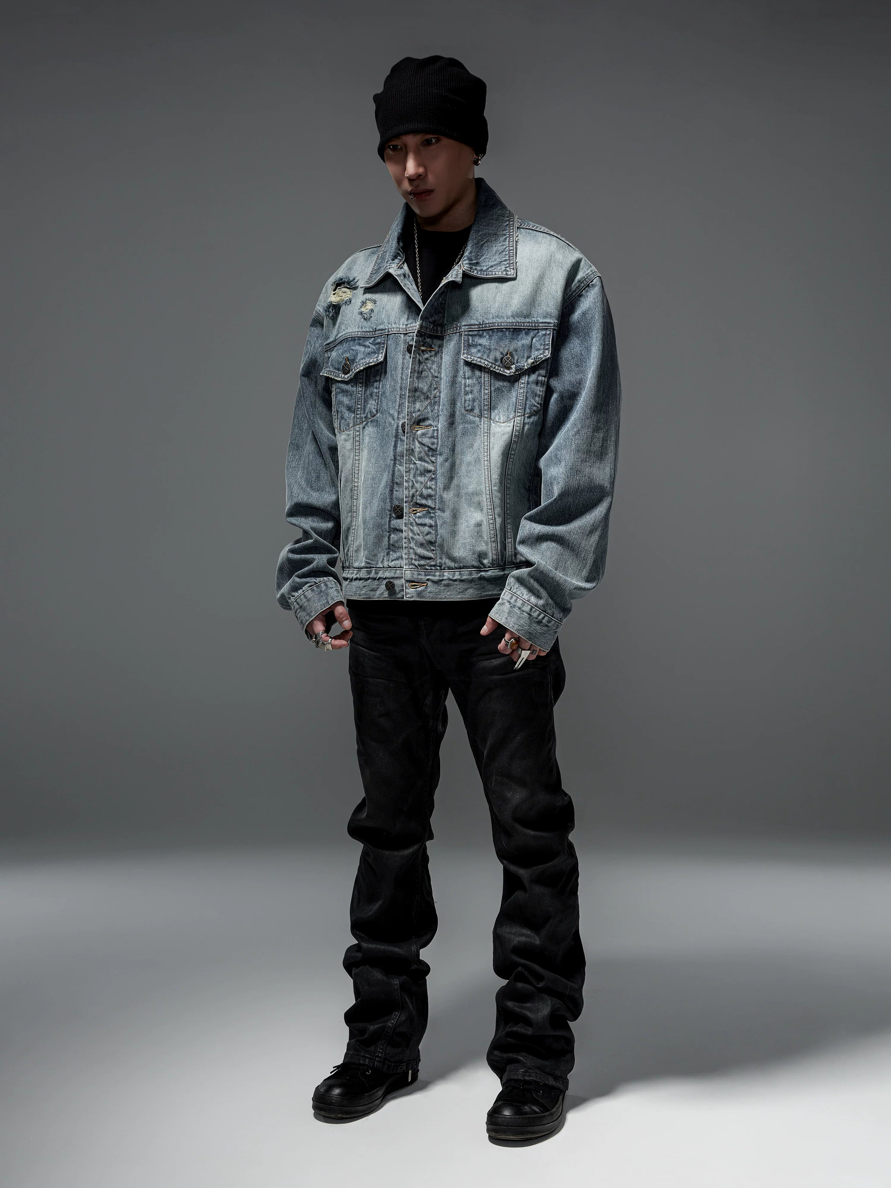 Loose Vintage Blue Distressed Denim Jacket