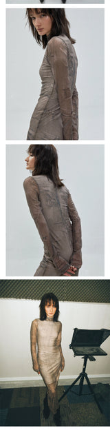 Denim Printed Long Sleeve Mesh Dress