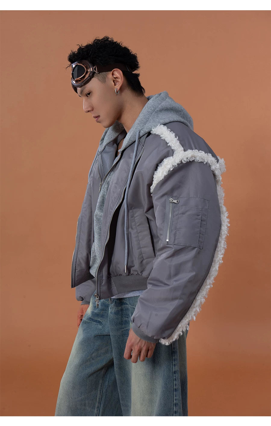 Gray 2-in-1 Hooded Sherpa Bomber Jacket