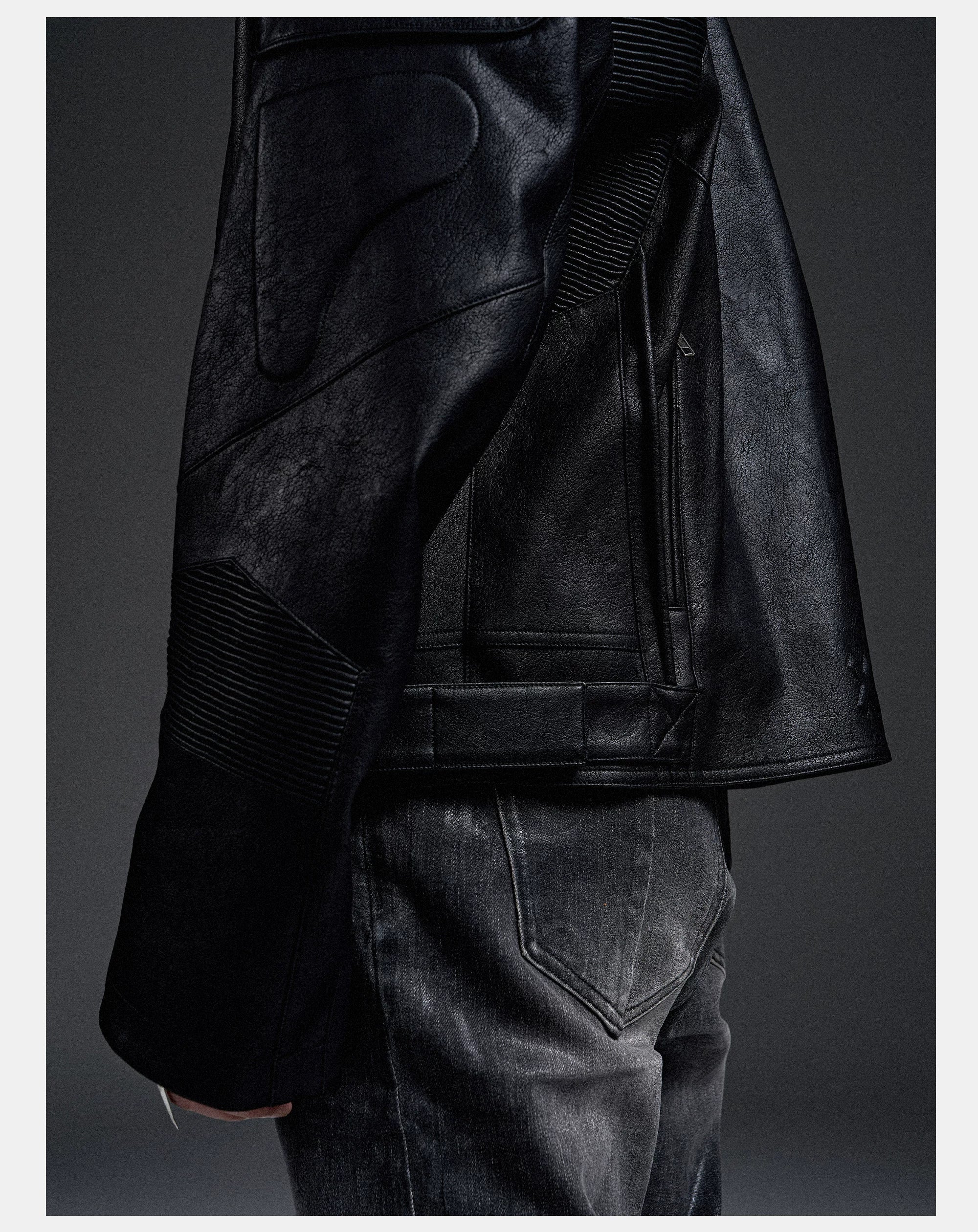 Dark Zip-Up Padded Biker Leather Jacket