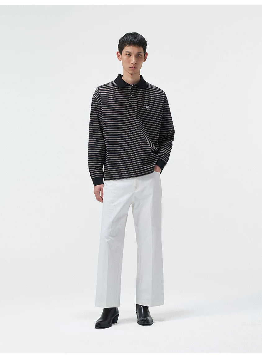Striped Embroidered Long Sleeve Polo Tee