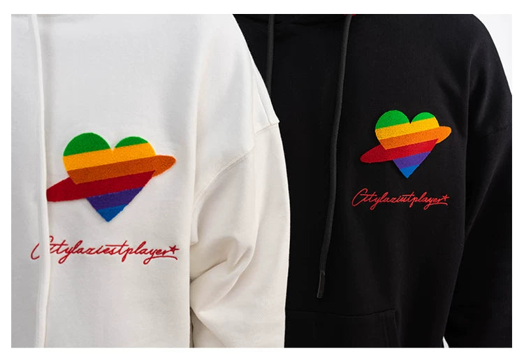 Loose Rainbow Heart Couple Hoodies