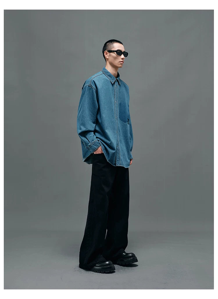 Washed Blue Oversized Embroidered Denim Shirt