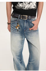 13oz Washed-Whiskered Cream Blue Straight Jeans