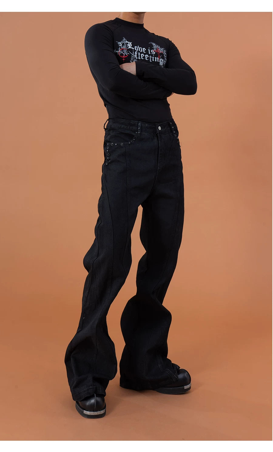 Men's Black Studded Loose Flared Jeans