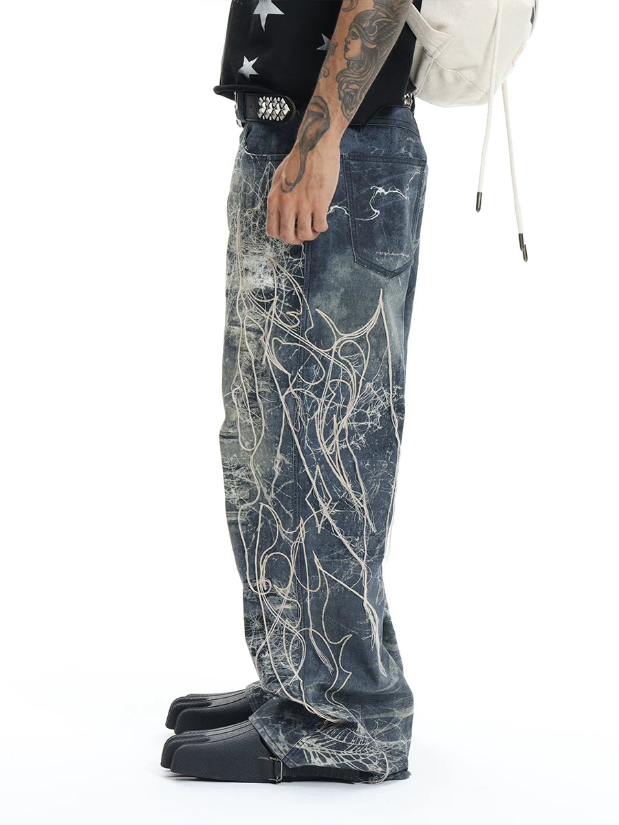 Ripped Spider Embroidered Straight Jeans