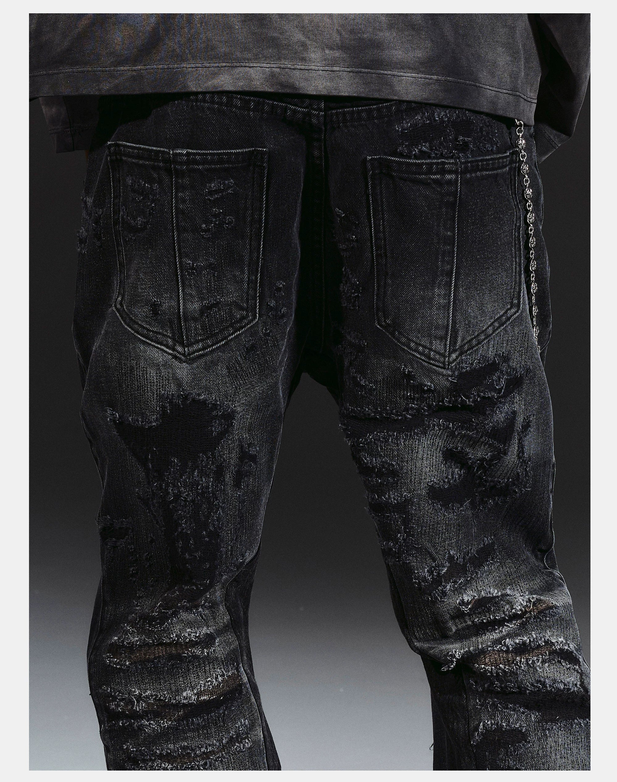 Flared Washed Distressed Patchwork Jeans