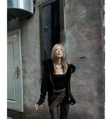 Washed Detachable Fur Zip Hoodie