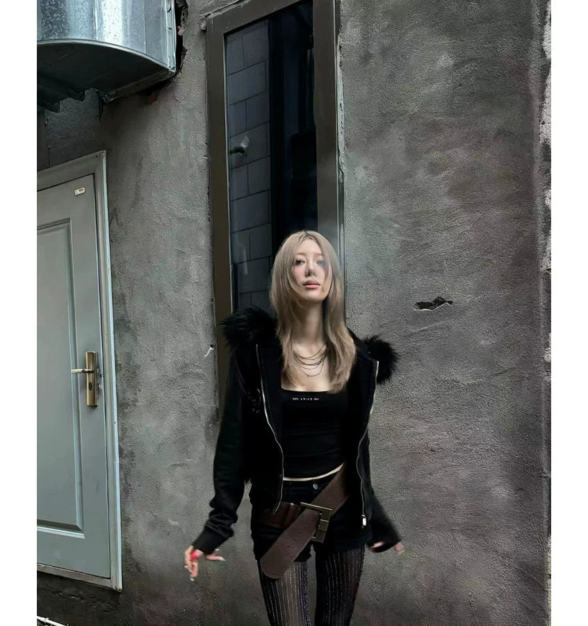 Washed Detachable Fur Zip Hoodie