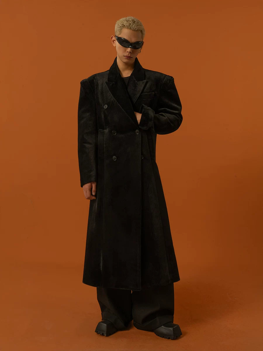 Men's Long Black Velvet Wool Coat