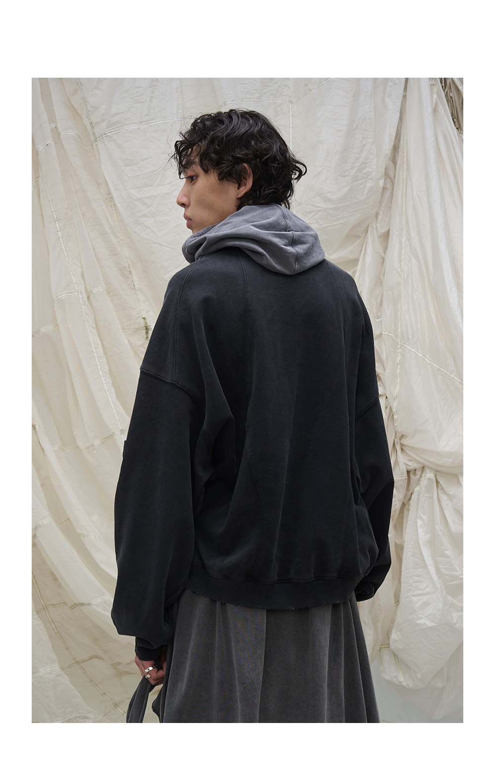 Washed Detachable Ripped Hood Grey Sweatshirt