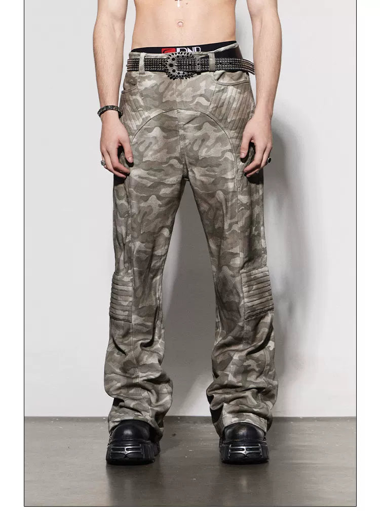 Rugged Distressed Camo Flare Cargo Pants