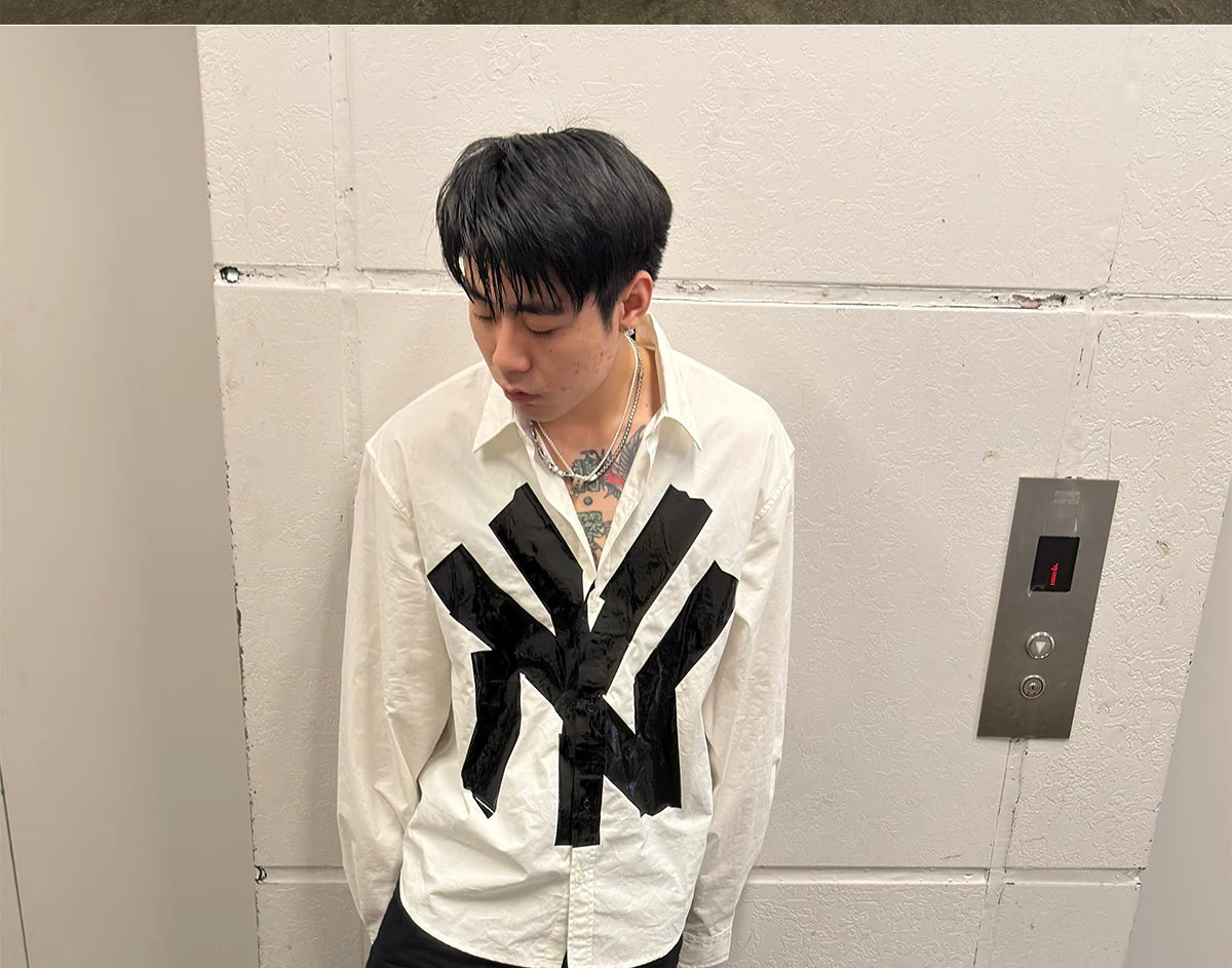 Oversized White Long-Sleeve NY Tape Shirt