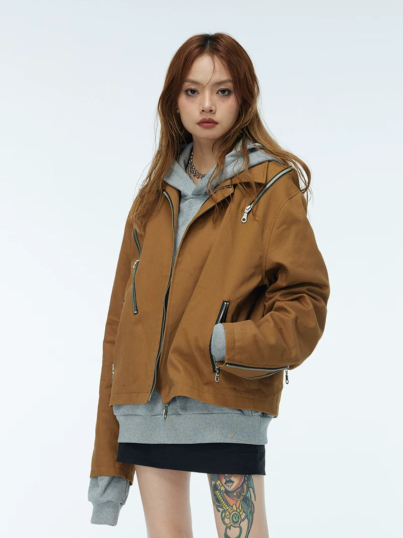 Unisex Two-Tone Irregular Short Multi-Zip Jackets