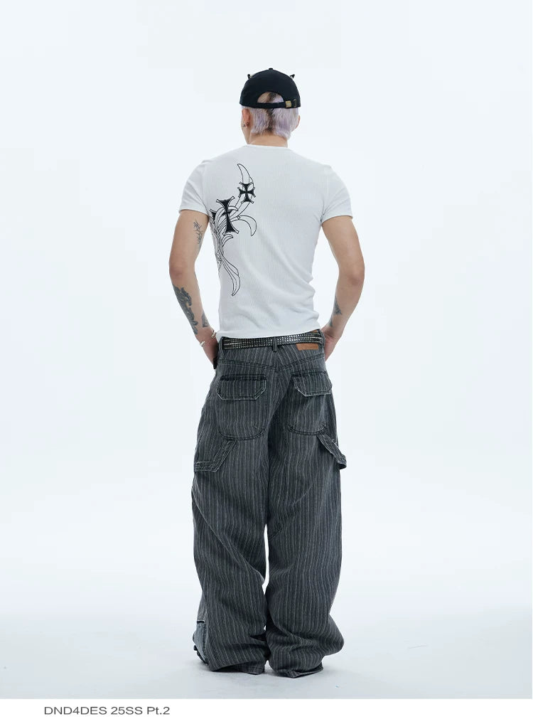 Distressed Striped Patchwork Baggy Work Pants