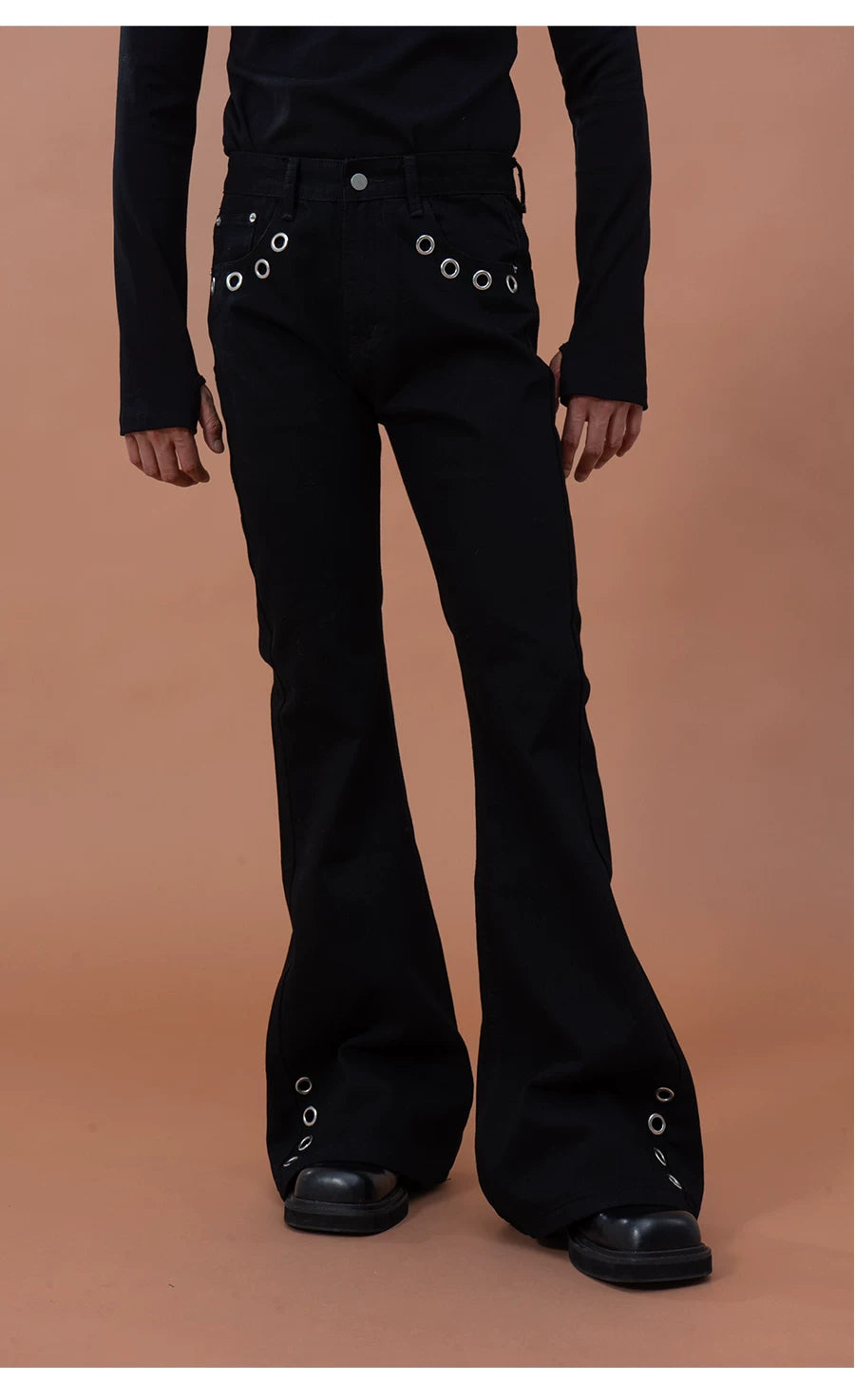 Men's Black Metal Ring Flare Jeans