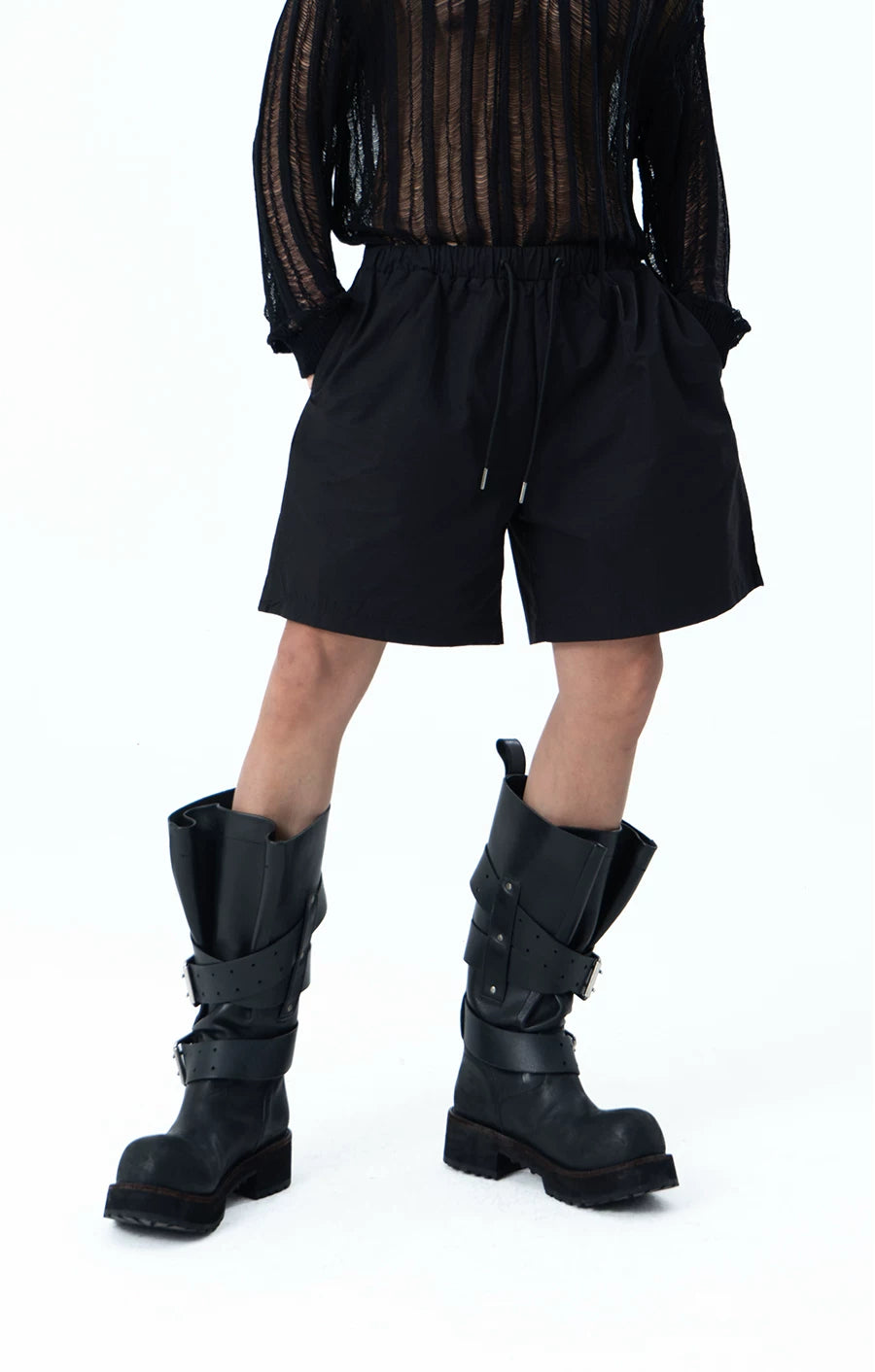 Men's Black Gray Elastic Waist Shorts