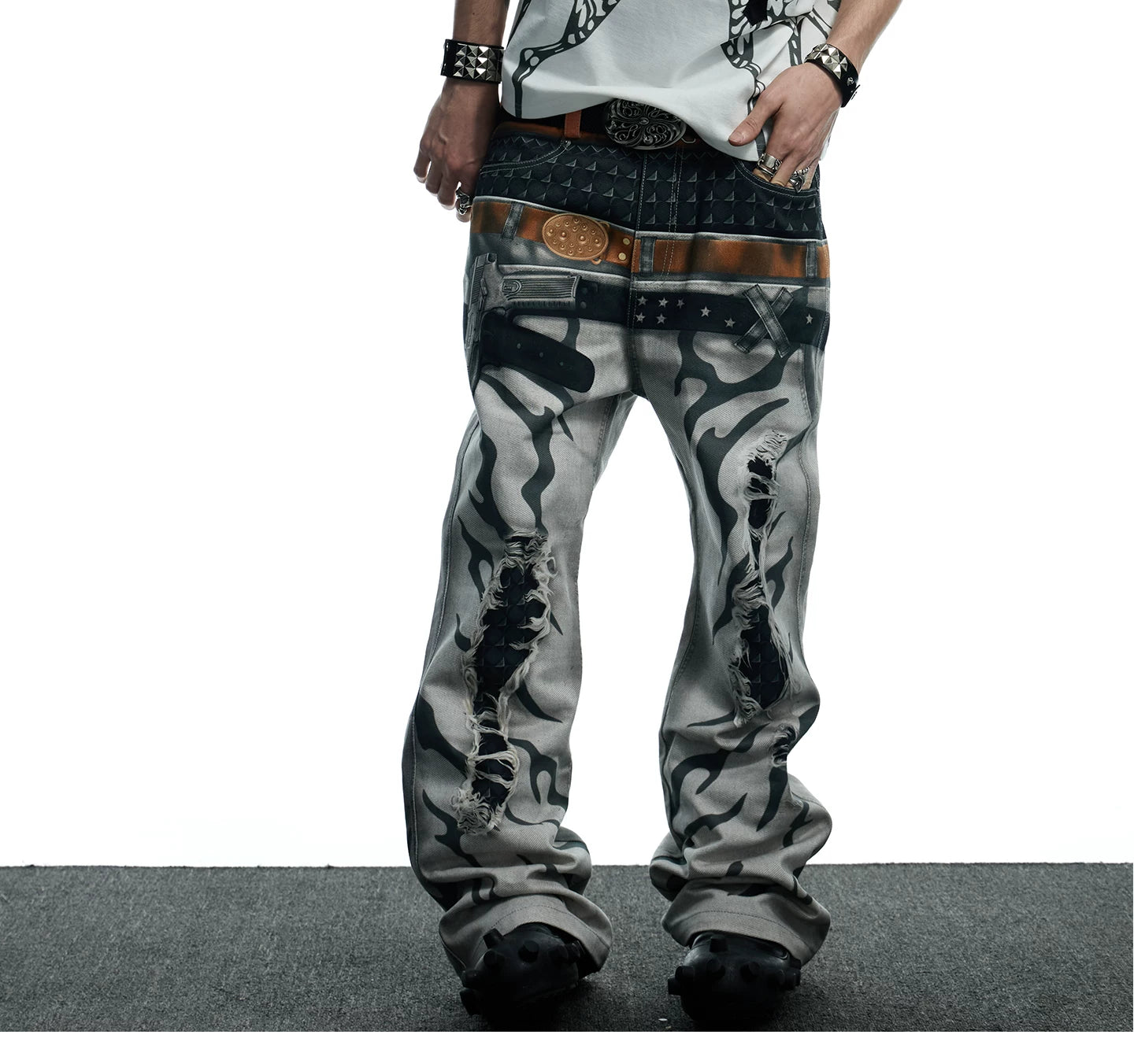 3D Tiger Print Flare Jeans