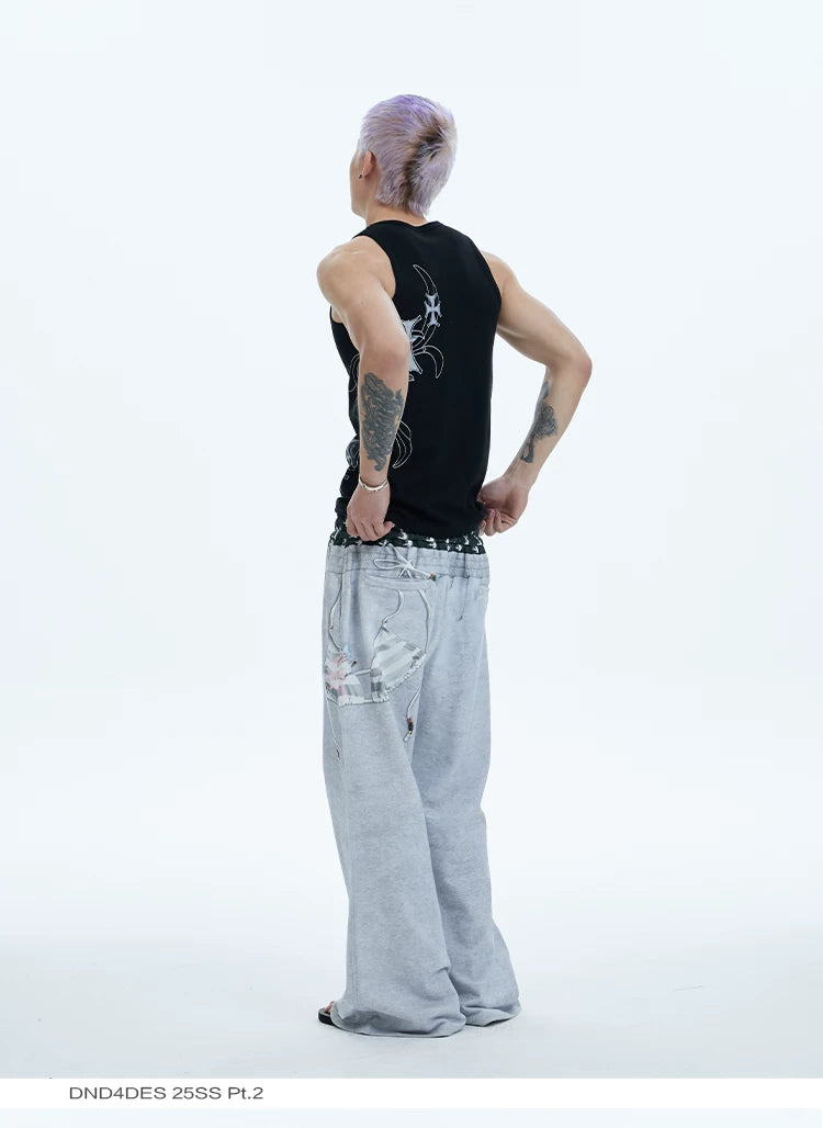 Flared Digital Print Double Waistband Sweatpants