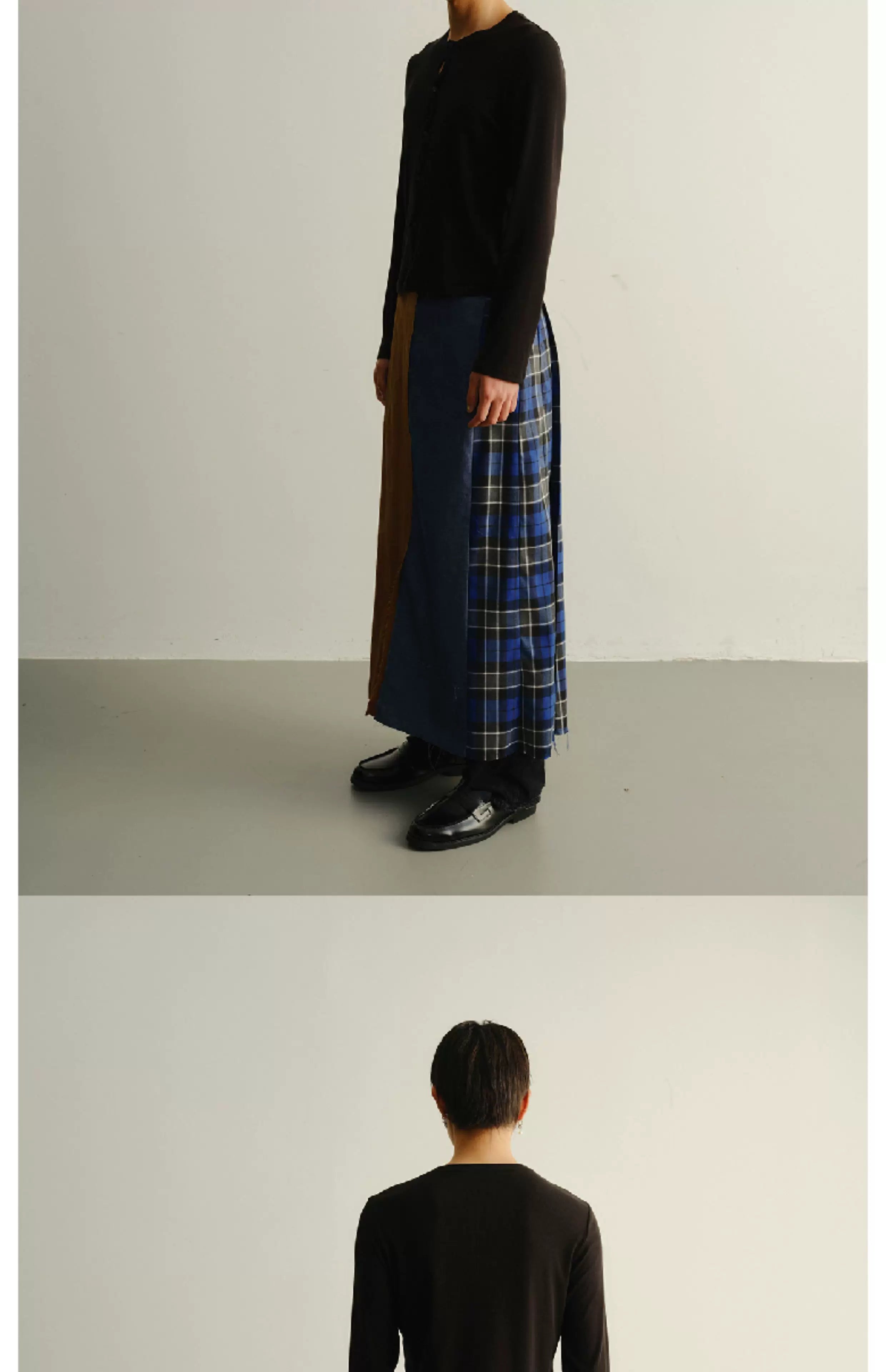 Reversible Pleated Frayed Plaid Denim Skort