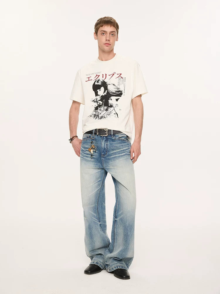 13oz Washed-Whiskered Cream Blue Straight Jeans