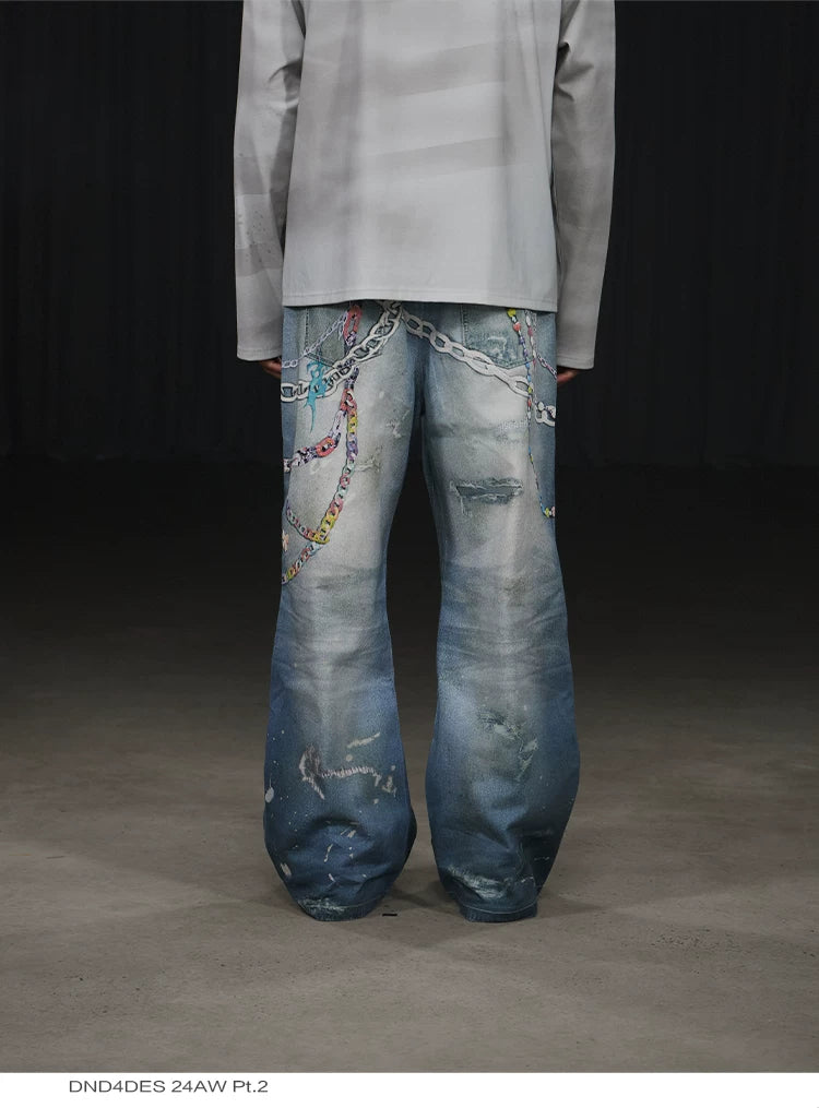 Y2K Cartoon-Printed Chain Wide-Leg Jeans