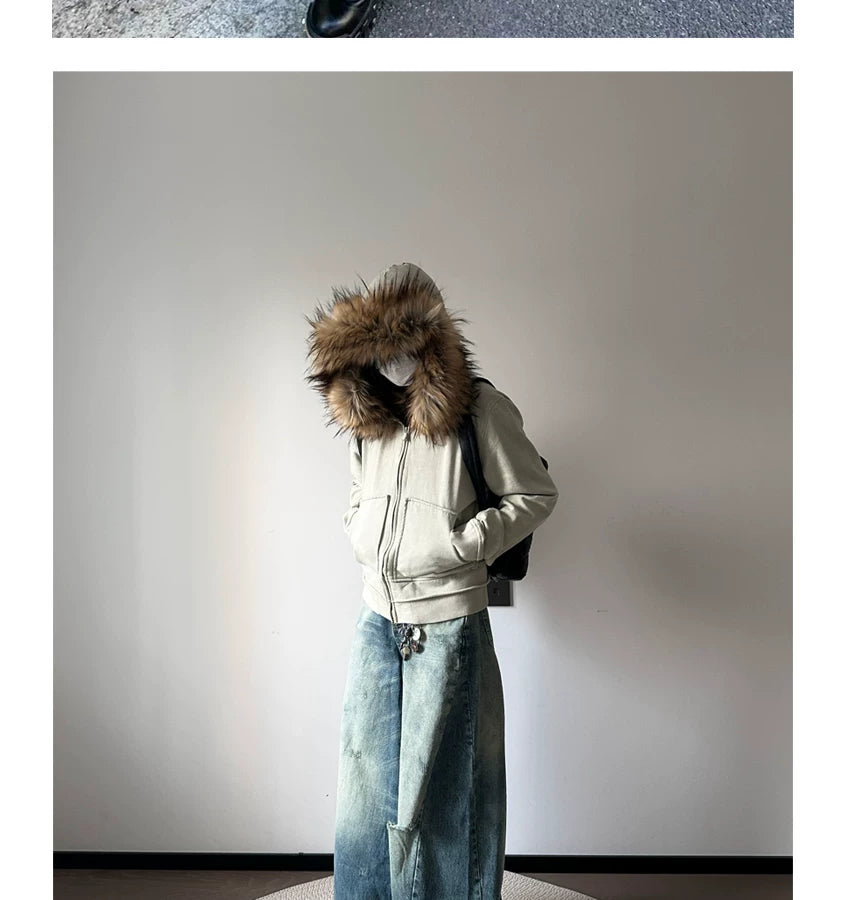 Washed Detachable Fur Zip Hoodie