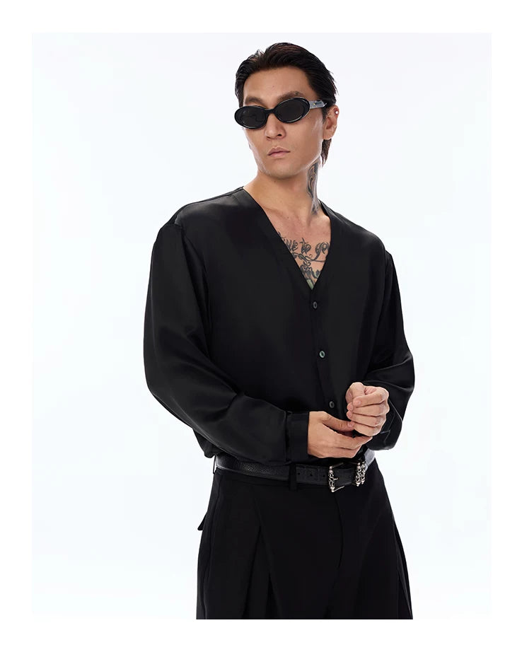 Satin V-Neck Acetate Long-Sleeve Shirt